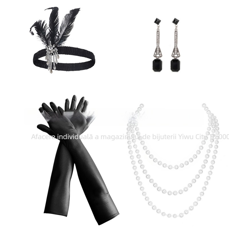 Set de rochii de damă Gatsby anii 1920, bentiță de păr cu pene, mănuși, cercei, colier, patru piese, petrecere, bal