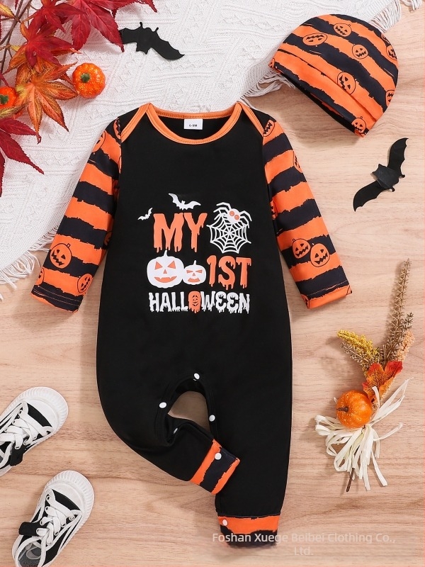 Comerț exterior primăvară-vară 2025 Halloween pentru sugari și copii îmbrăcăminte salopă cu desene animate imprimate cu litere cu mânecă lungă costum de crawl