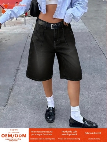 Pantaloni scurți din denim drepți, cu croială largă, de lungime medie, plisați, pentru femei, comerț exterior transfrontalier, Amazon, Europa și America, High Street, negri, cu imprimeu floral