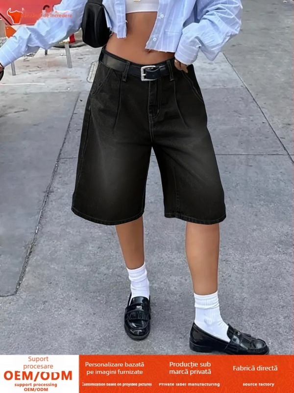Pantaloni scurți din denim drepți, cu croială largă, de lungime medie, plisați, pentru femei, comerț exterior transfrontalier, Amazon, Europa și America, High Street, negri, cu imprimeu floral