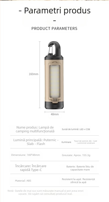 Lampă de camping în aer liber, reîncărcabilă prin USB, pliabilă, cu lanternă de urgență, portabilă, cu lumină ambientală