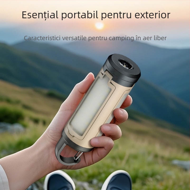 Lampă de camping în aer liber, reîncărcabilă prin USB, pliabilă, cu lanternă de urgență, portabilă, cu lumină ambientală