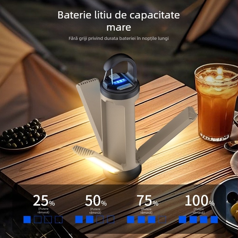 Lampă de camping în aer liber, reîncărcabilă prin USB, pliabilă, cu lanternă de urgență, portabilă, cu lumină ambientală