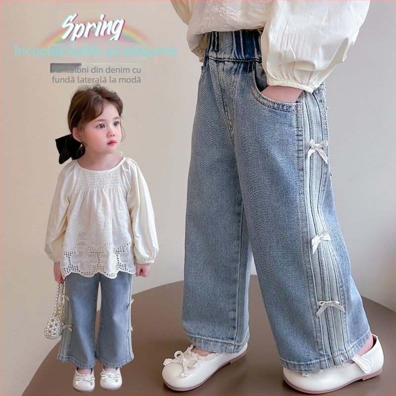 Blugi pentru fete, primăvara și toamna 2025, pantaloni drepți pentru copii, primăvara, ținută de primăvară, pantaloni cu picior larg și fundă