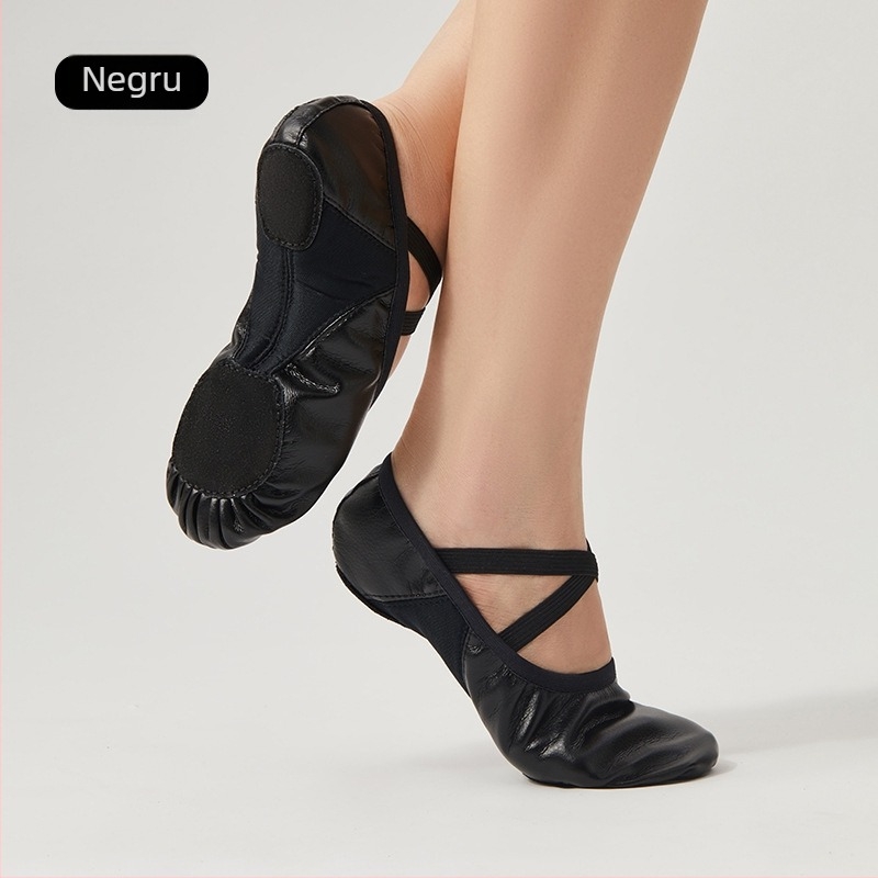 Pantofi de dans pentru femei, talpă moale, balet pentru adulți, pantofi de dans clasic, pantofi de dans, talpă cu două puncte, negru PU, piele, pantofi de dans