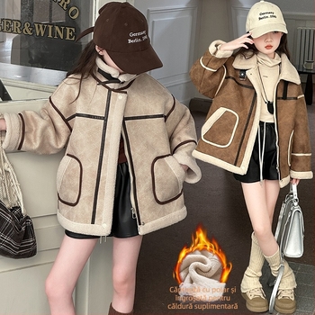 Fete de toamnă și de iarnă, haină de blană în stil occidental, coreeană, casual, pentru copii, haină caldă din piele, iarnă, 2024