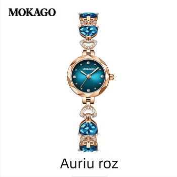 MOKAGO Vânzare fierbinte Inima mării Diamant impermeabil Cristal albastru în formă de inimă Brățară subțire pentru femei Ceas de lux ușor