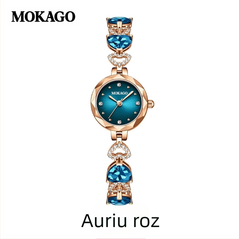 MOKAGO Vânzare fierbinte Inima mării Diamant impermeabil Cristal albastru în formă de inimă Brățară subțire pentru femei Ceas de lux ușor