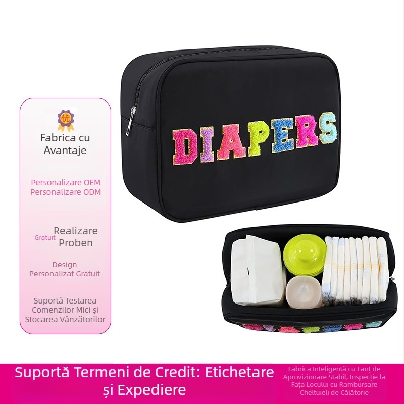 Geantă de scutece brodată pentru prosop la modă, impermeabilă, cu capacitate mare, pentru depozitarea scutecelor, pentru mamă și bebeluș, geantă de călătorie Amazon