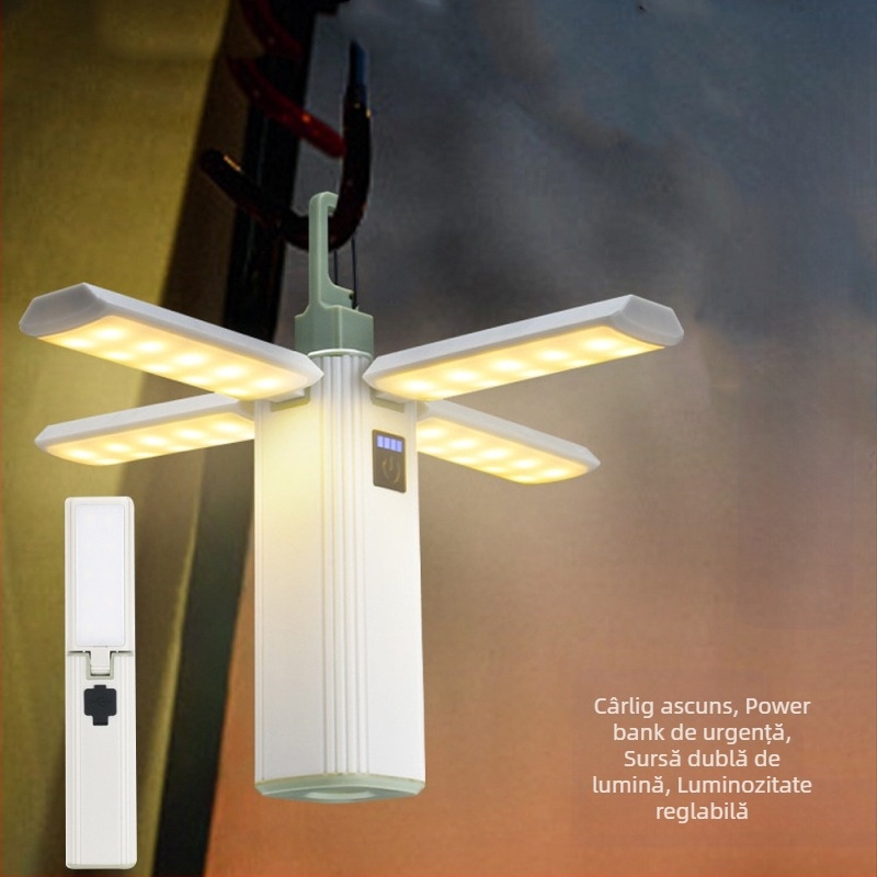 Lampă de camping în aer liber, suspendată, cu patru foi, pliabilă la 90 °, cu atmosferă LED, lampă de camping, lanternă de urgență în aer liber