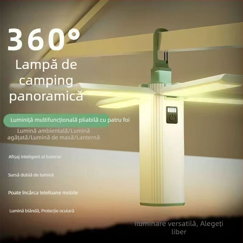 Lampă de camping în aer liber, suspendată, cu patru foi, pliabilă la 90 °, cu atmosferă LED, lampă de camping, lanternă de urgență în aer liber