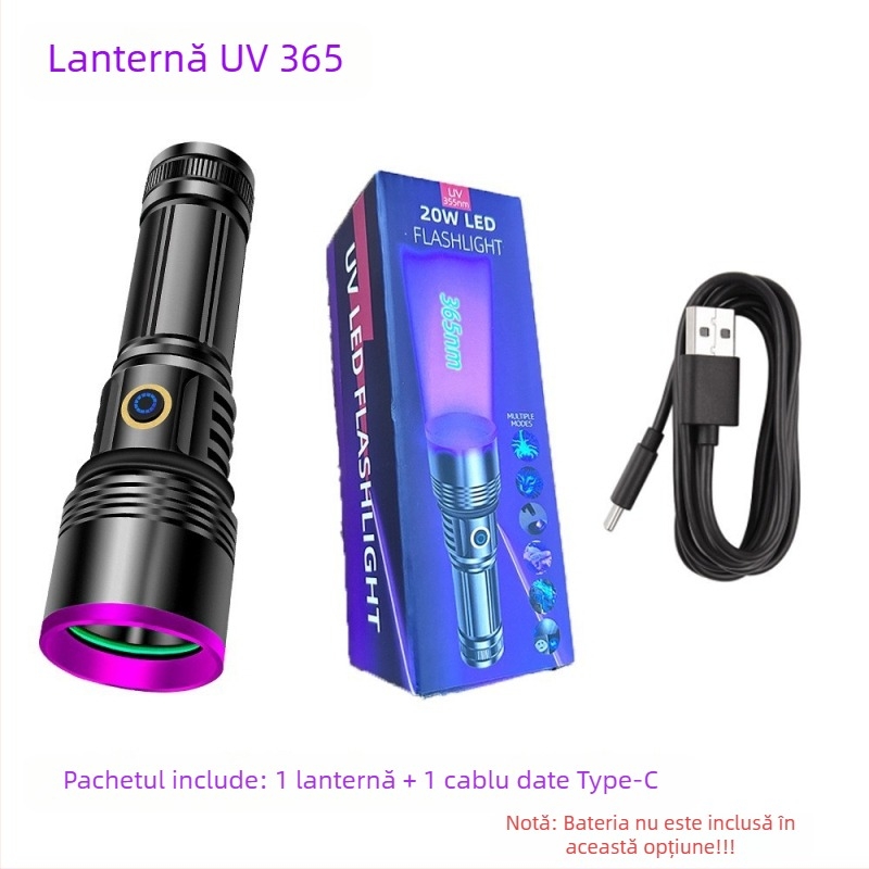 Lanternă cu lumină violetă de mare putere 20w, en-gros, oglindă neagră UV, fluorescență pentru bijuterii, detectare anti-contrafacere, lumină violetă 365nm, în stoc