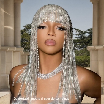 Lanț de diamant exploziv, perucă lungă cu ciucuri și stras, lanț punk pentru păr, petrecere, arte spectacolului, accesoriu de păr