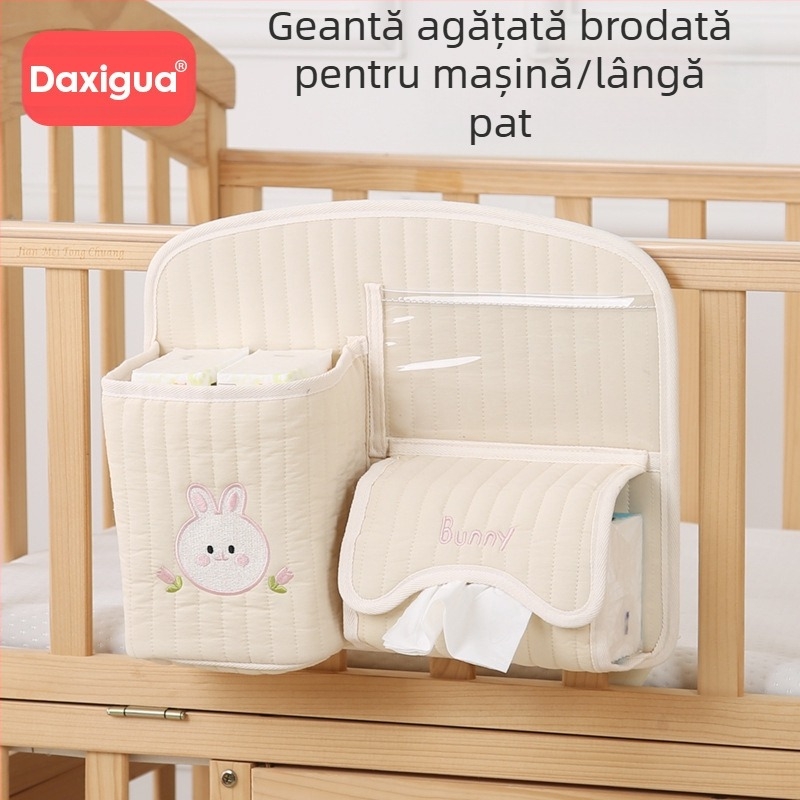 Geantă de depozitare pentru cărucior de bebeluși în stil coreean, geantă de depozitare pentru pat de bebeluși, geantă brodată cu găleată, despărțitoare, geantă pentru biberon și scutece pentru mumie