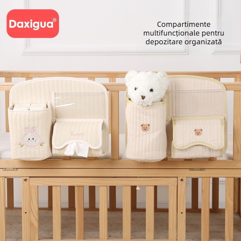 Geantă de depozitare pentru cărucior de bebeluși în stil coreean, geantă de depozitare pentru pat de bebeluși, geantă brodată cu găleată, despărțitoare, geantă pentru biberon și scutece pentru mumie