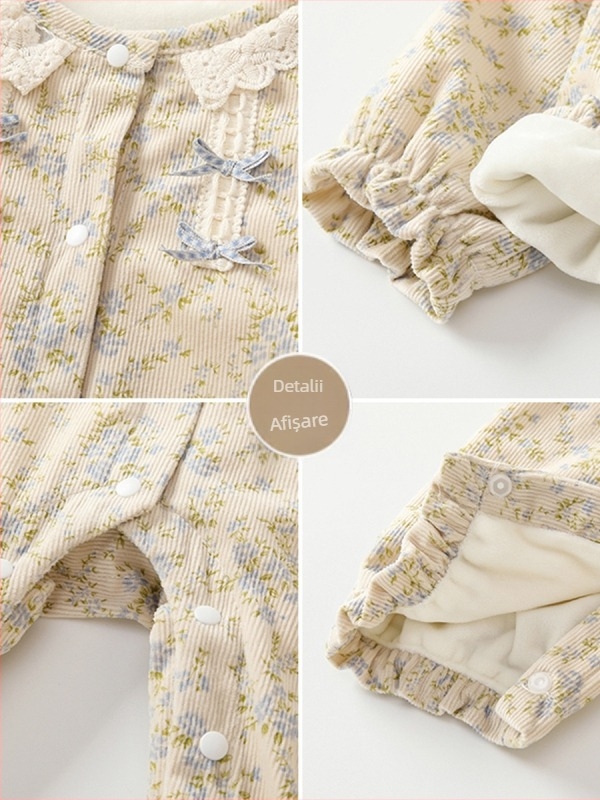 Salopetă pentru bebeluși, haine de catifea pentru bebeluși, stil pastoral, dulce, pentru nou-născuți, care se târăsc, toamnă și iarnă