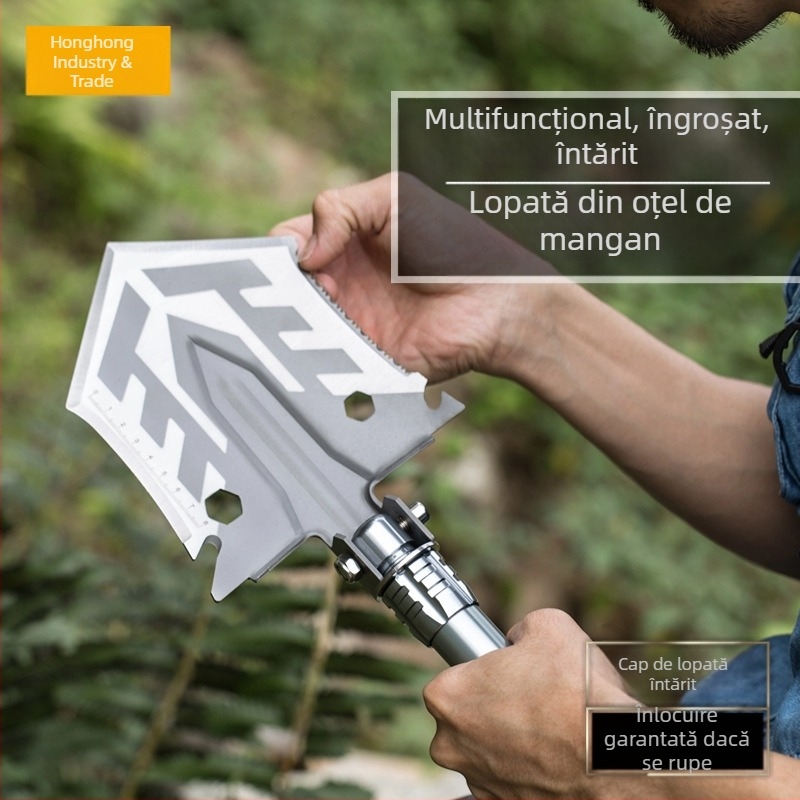 Lopată multifuncțională pentru camping, deschizător, lopată pentru pescuit în aer liber, lopată pentru mașină, din oțel mangan, instrument de întărire pliabilă, lopată