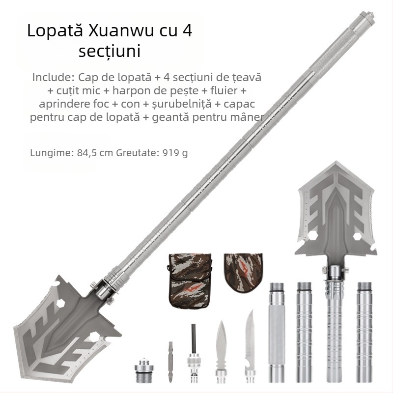 Lopată multifuncțională pentru camping, deschizător, lopată pentru pescuit în aer liber, lopată pentru mașină, din oțel mangan, instrument de întărire pliabilă, lopată