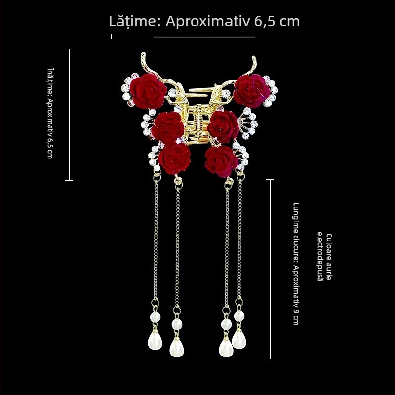 Stil chinezesc trandafir roșu ciucure agrafă de păr femei cap jumătate legat păr disc rechin clip accesorii de păr de înaltă calitate prindere