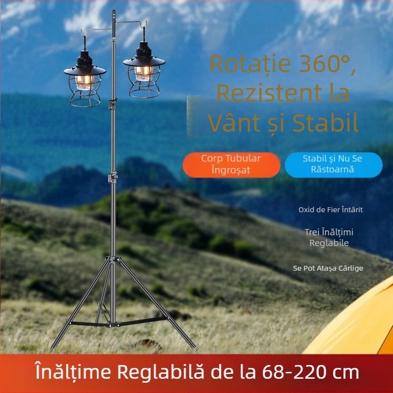 Lampă de camping în aer liber, suport de aluminiu din aliaj, pliabil, reglabil, portabil, pentru camping, cârlig, cuier, suport mobil pentru camping