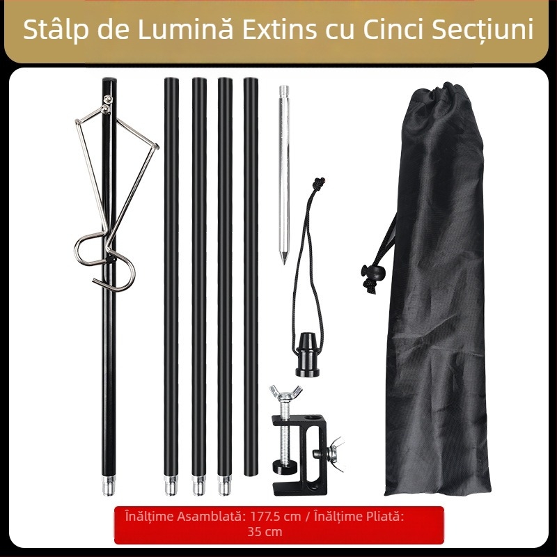 Lampă de camping în aer liber, suport de aluminiu din aliaj, pliabil, reglabil, portabil, pentru camping, cârlig, cuier, suport mobil pentru camping