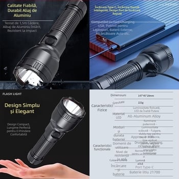 Lanternă LED puternică, ultra-luminoasă, cu rază lungă de acțiune, de mare putere, cu durată lungă de viață a bateriei, reîncărcabilă, pentru drumeții în aer liber, iluminat de urgență