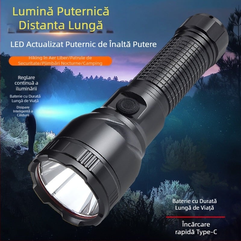 Lanternă LED puternică, ultra-luminoasă, cu rază lungă de acțiune, de mare putere, cu durată lungă de viață a bateriei, reîncărcabilă, pentru drumeții în aer liber, iluminat de urgență