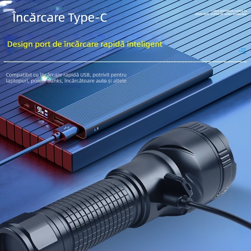 Lanternă LED puternică, ultra-luminoasă, cu rază lungă de acțiune, de mare putere, cu durată lungă de viață a bateriei, reîncărcabilă, pentru drumeții în aer liber, iluminat de urgență