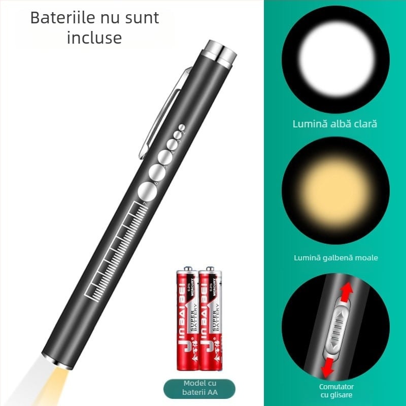 Reîncărcabilă cu sursă dublă de lumină pentru elev, stilou, lumină galbenă, lumină albă, lampă de inspecție orală medicală din oțel inoxidabil, stilou de inspecție dimineața, lampă lanternă