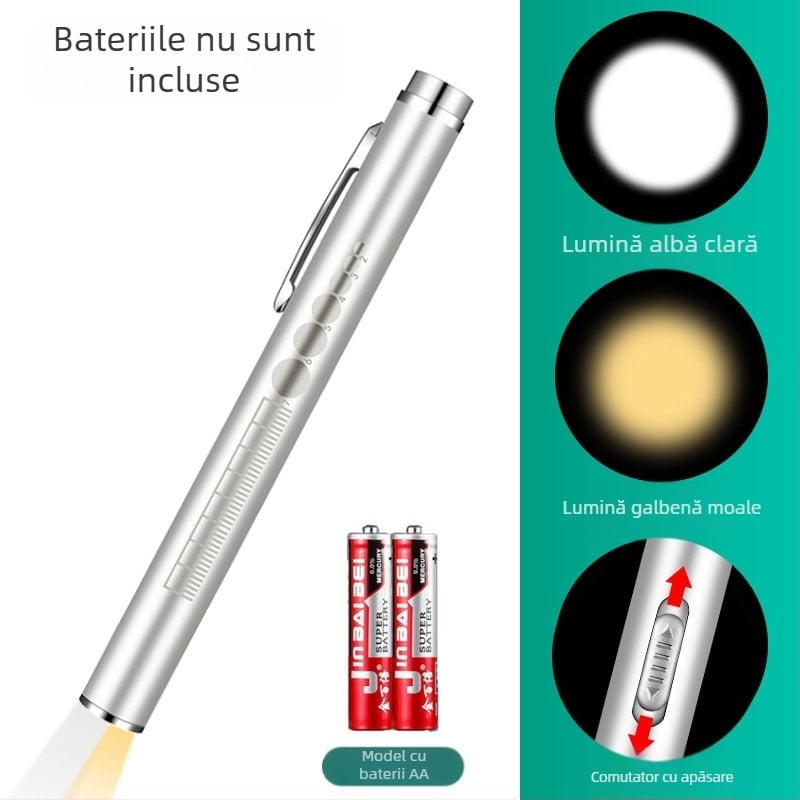 Reîncărcabilă cu sursă dublă de lumină pentru elev, stilou, lumină galbenă, lumină albă, lampă de inspecție orală medicală din oțel inoxidabil, stilou de inspecție dimineața, lampă lanternă