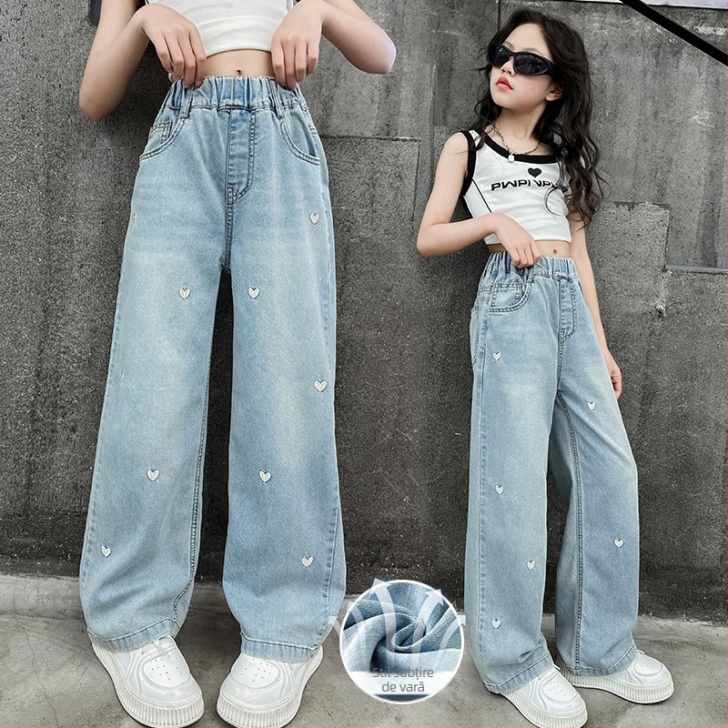 Pantaloni largi pentru fete, primăvara, vara și toamna, nou-veniți, stil occidental, fetițe, dragoste, brodate, blugi, pantaloni drepți, pantaloni lungi, largi