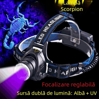 Lampă Scorpion cu dublă funcție, lampă scorpion dedicată, lumină violetă, lumină puternică, super luminoasă, lampă frontală de încărcare montată pe cap, iluminare cu sursă de lumină dublă