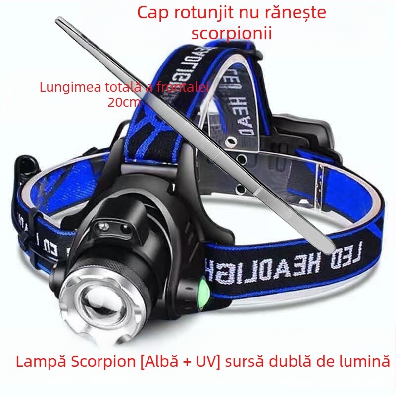 Lampă Scorpion cu dublă funcție, lampă scorpion dedicată, lumină violetă, lumină puternică, super luminoasă, lampă frontală de încărcare montată pe cap, iluminare cu sursă de lumină dublă