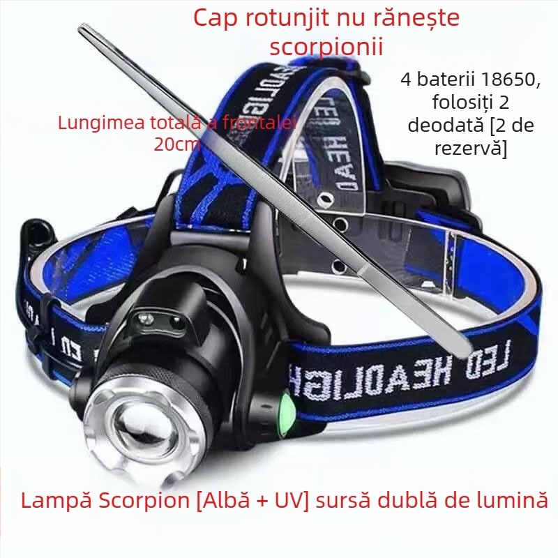 Lampă Scorpion cu dublă funcție, lampă scorpion dedicată, lumină violetă, lumină puternică, super luminoasă, lampă frontală de încărcare montată pe cap, iluminare cu sursă de lumină dublă