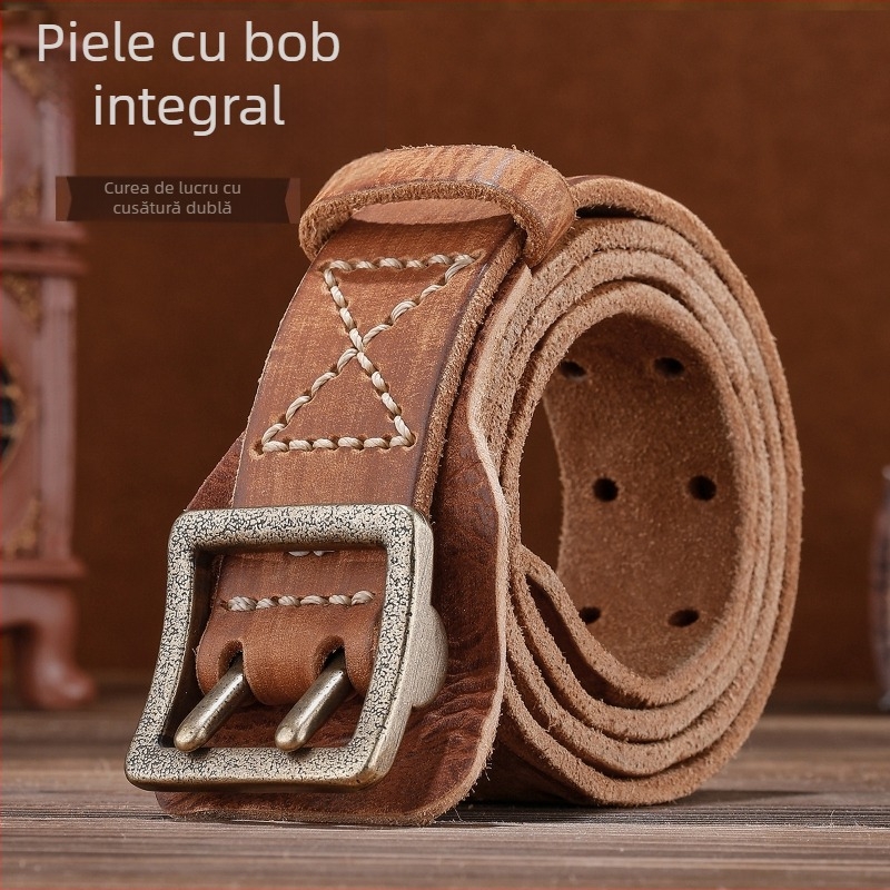 Curea bărbătească cu aspect de înaltă calitate, piele de vacă versatilă cu primul strat, design cu cusături vintage, potrivită pentru ținute de lucru și stil casual, curea retro