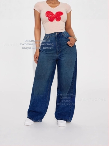 Blugi lungi până la podea, cu talie înaltă, albastru închis, în stil european și american, pentru femei, versiune coreeană, pantaloni la modă, largi și slăbiți, cu picior larg