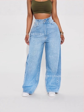 Blugi lungi până la podea, cu talie înaltă, albastru închis, în stil european și american, pentru femei, versiune coreeană, pantaloni la modă, largi și slăbiți, cu picior larg