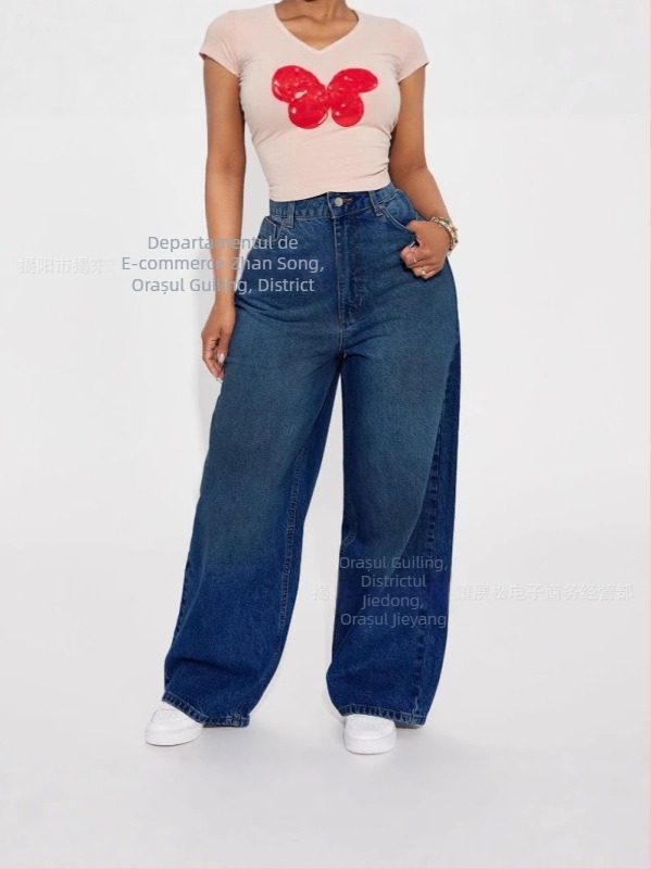 Blugi lungi până la podea, cu talie înaltă, albastru închis, în stil european și american, pentru femei, versiune coreeană, pantaloni la modă, largi și slăbiți, cu picior larg