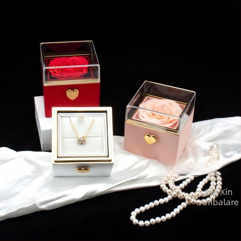 Simplu Luminos Lux Automat Rotativ Etern Rose Ring Colier Cadou Box Ziua Îndrăgostiților Rafinat Colier Cadou Box Cadou Bag