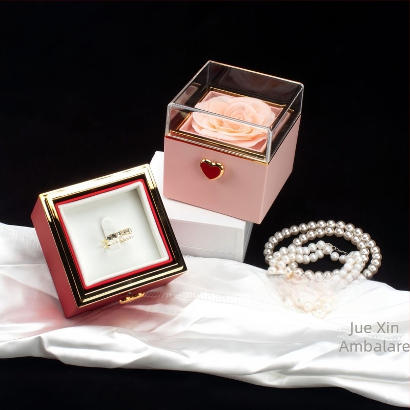 Simplu Luminos Lux Automat Rotativ Etern Rose Ring Colier Cadou Box Ziua Îndrăgostiților Rafinat Colier Cadou Box Cadou Bag