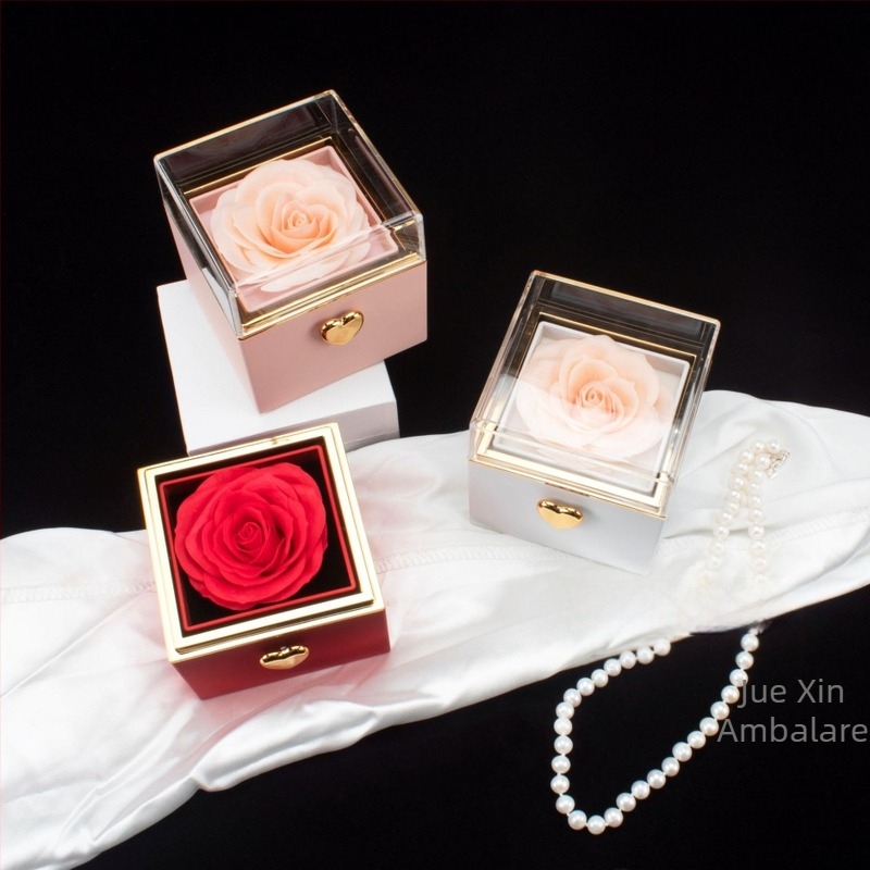 Simplu Luminos Lux Automat Rotativ Etern Rose Ring Colier Cadou Box Ziua Îndrăgostiților Rafinat Colier Cadou Box Cadou Bag