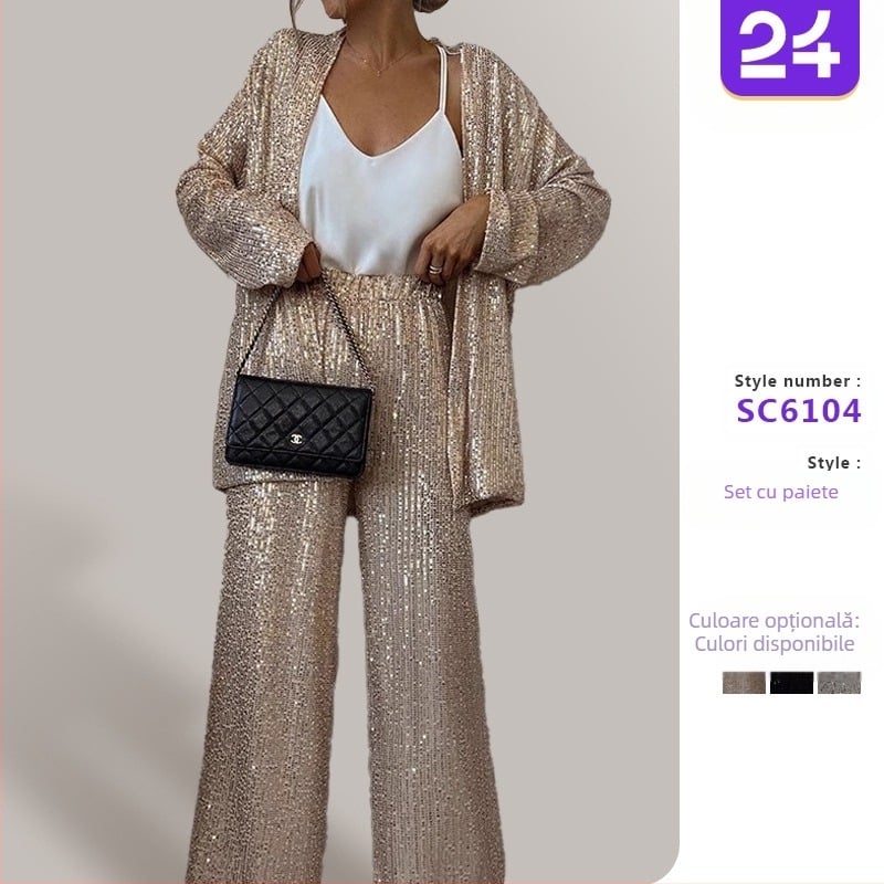 Costum mic de primăvară 2025, costum transfrontalier european și american, cu paiete în trei culori, cu talie înaltă, pantaloni casual la modă, din două piese