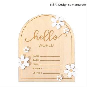 Card de anunț pentru nou-născut din lemn, în stoc, cu tematică de recuzită scrisă de mână, pentru bebeluși, cu tematică de moment important, din lemn, Hello World