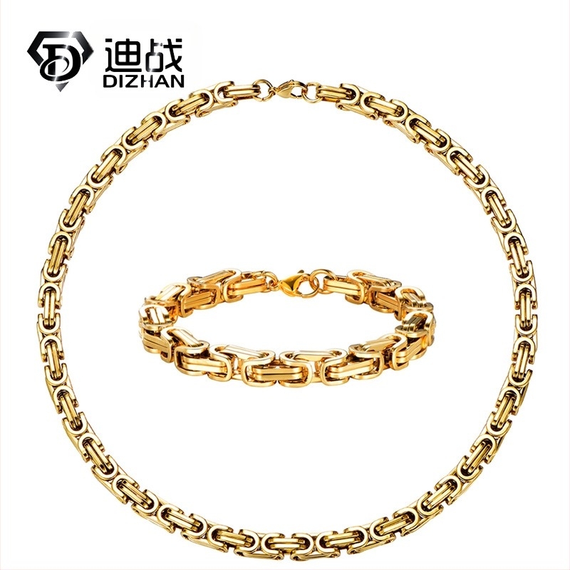 Set de bijuterii dominante pentru bărbați europeni și americani, brățară din oțel titan de aur de 18K, colier, set din două piese din oțel inoxidabil