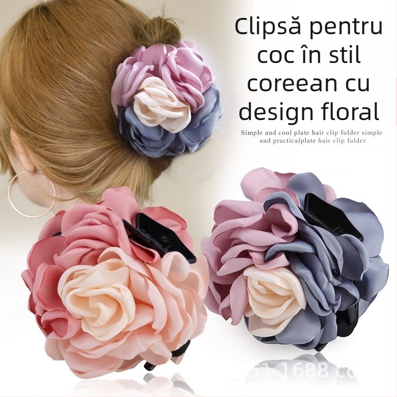 Coreeană nouă, trei culori, lucrate manual, margine caldă, trandafir, floare, clemă mare de prindere, stil feminin, clemă de păr, prinderea părului