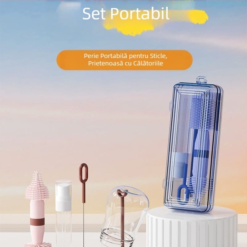 Cutie de depozitare portabilă din silicon pentru bebeluși, perie de biberon, costum de călătorie pentru curățarea bebelușilor, perie de scurgere pentru mameloane