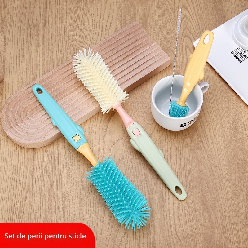 Perie de biberon din trei piese din silicon pentru produse pentru bebeluși, perie de curățare cu ventuză rotativă, perie pentru mameloane, perie cu cupă