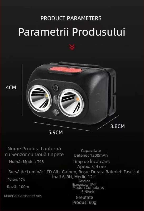 Lanternă frontală cu inducție cu lumină puternică, lanternă frontală ultra-luminoasă, cu baterie litiu de lungă durată, montată pe cap, pentru pescuit, explorare în aer liber, lampă pentru minerit, lanternă
