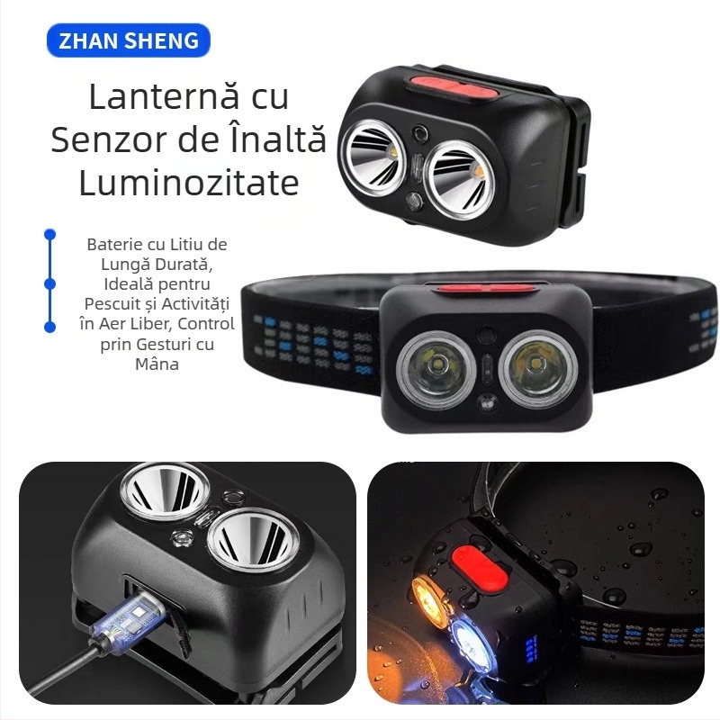Lanternă frontală cu inducție cu lumină puternică, lanternă frontală ultra-luminoasă, cu baterie litiu de lungă durată, montată pe cap, pentru pescuit, explorare în aer liber, lampă pentru minerit, lanternă