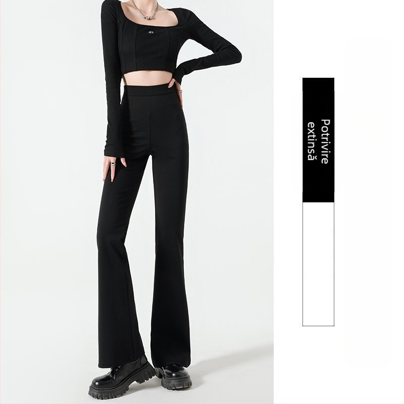 Pantaloni micro-evazați negri pentru femei 2025 toamna elastici slăbire aspect talie înaltă slim fit pantaloni de copită de cal lungime până la podea pantaloni casual pentru femei